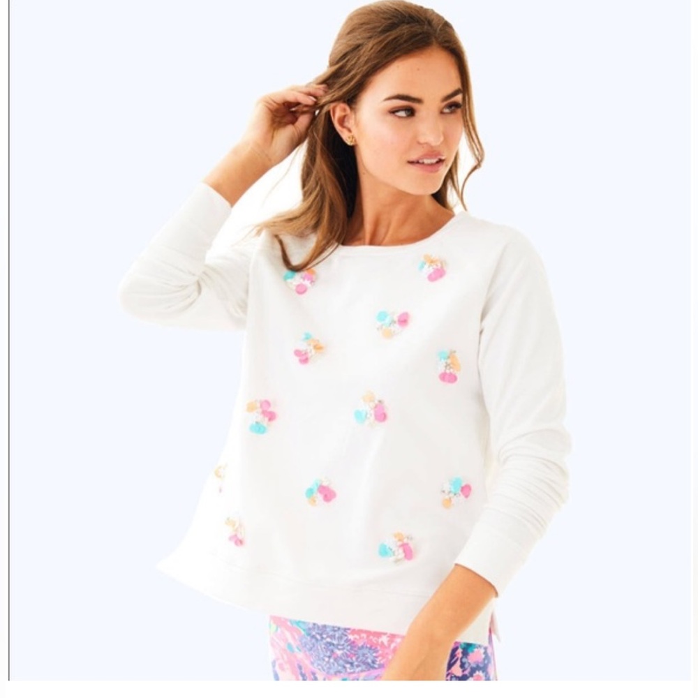 Lilly Pulitzer White Sweatshirt with Colorful beads and‎ sequins- worn about 5x.